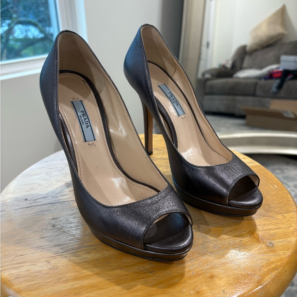 Prada Steel Metallic Peep Toe Heels